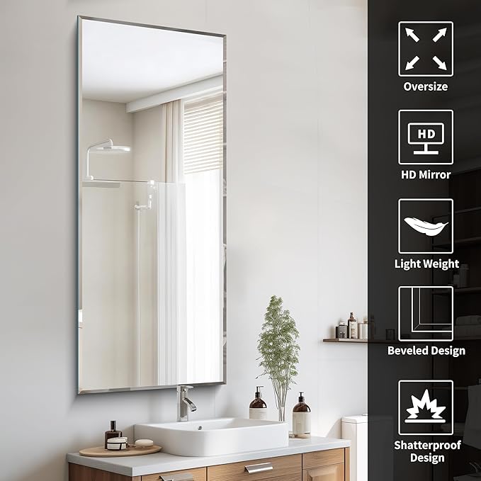 CILIBER Beveled Mirror, 24x60 Large Frameless Bathroom Mirrors for Wall, 3mm Tempered Glass Rectangle Vanity Mirror with Beveled Edge, Crystal-Clear, Hangs Horizontally or Vertically