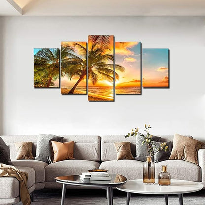 Golden Seascape Ocean Beach Wall Art Cozy Sea Artwork Modern Ocean Sunset Sea Beach Canvas Prints Pictures Paintings on Canvas Wall Art for Home Decor 5 Panels Gallery Wrapped Tropical Scenery