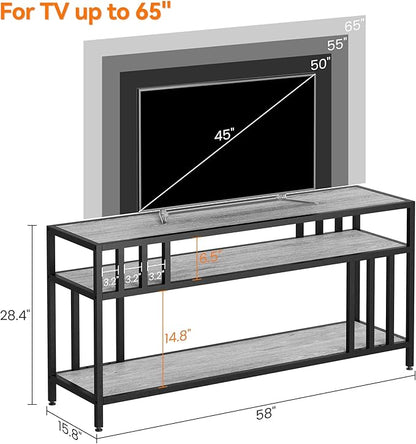 58'' TV Stand for Television up to 65 Inches, Entertainment Center with 3-Tier Open Storage Shelves, TV Media Console Table with Quadruple-Tube Support for Living Room, Grey