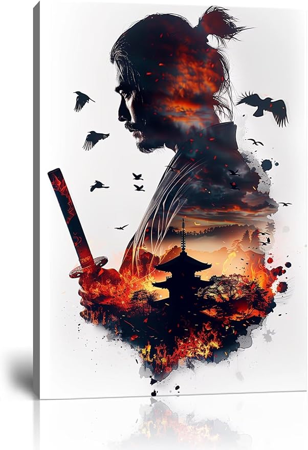 Japanese Samurai Canvas Wall Art Prints Armored Knights Wall Decor Canvas Painting Medieval Poster Framed for Living Room Bathroom Bedroom Office Home Decor Framed (28''W x 44''H)