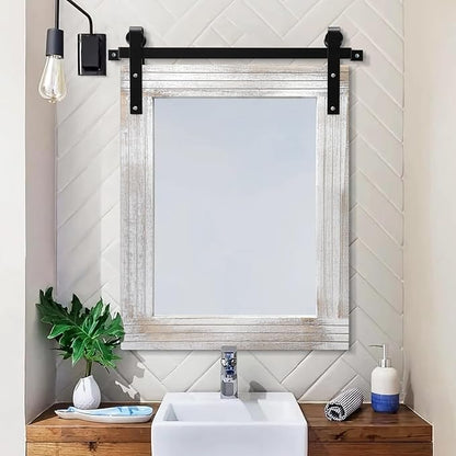 AAZZKANG Wall Mirrors Rustic Barn Door Mirror Large 26"x18" with Wood Framed Rectangle Decorative for Bedroom Bathroom Living Room Entryway Home Decor White