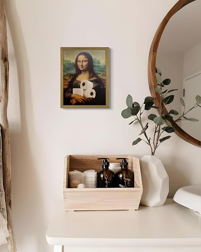 XYHYRA Vintage Mona Lisa Bathroom Wall Art, Funy Abstract Mona Lisa Paper Roll Wall Decor, Humor Amusing restroom Canvas Print Painting for Toilet Bathroom Home Decor 8x10 Inch Framed