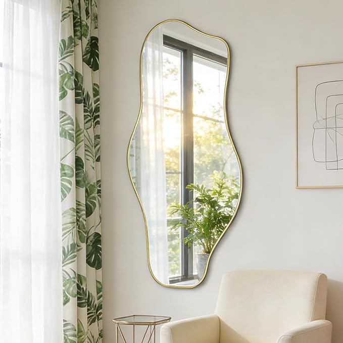 Irregular Wall Mirror, 47.2"x21.6" Gold Asymmetrical Frameless Mirror, Modern Organic Shaped Mirrors for Living Room Bedroom Hallway Entryway, Horizontal or Vertical Hanging