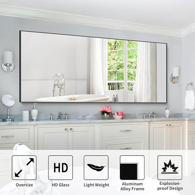 COFENY 30x72inch Bathroom Mirror, Black Rectangle Mirror with Thin Frame, Large Rectangular Wall Mirrors for Bathroom, Living Roomm, Hair Salon, Big Farmehouse Mirror Hang Horizontal/Vertical