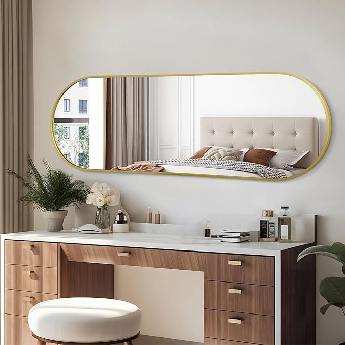 Large Oval Full Length Mirror, Pill Shaped Oblong Bathroom Wall-Mounted Mirrors, Metal Aluminum Alloy Frame Modern Simple Home Decor for Living Room Bedroomm 48"x16" Light Gold