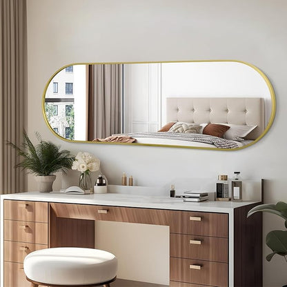 Large Oval Full Length Mirror, Pill Shaped Oblong Bathroom Wall-Mounted Mirrors, Metal Aluminum Alloy Frame Modern Simple Home Decor for Living Room Bedroomm 48"x16" Light Gold
