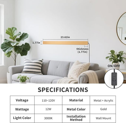 KELUOLY Modern Plug in Wall Sconces, 23.6 inch Frosted Gold LED Long Wall Lights, 12W Warm White 3000K Acrylic Indoor Wall lamp,with 59" Plug Cable for Bedroom, Living Room, Bathroom Makeup, Hallway
