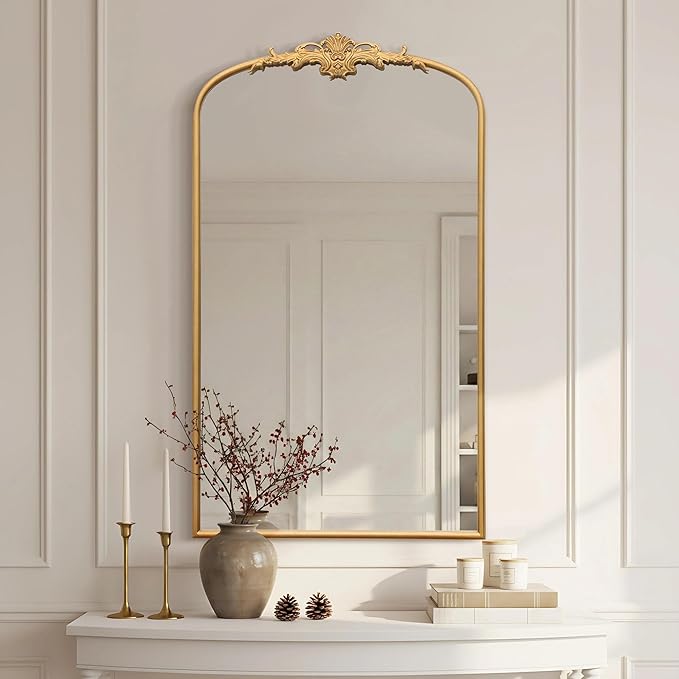 Besdomus Large Vintage Arched Mirror: 24"x42" French Arch Gleaming Gold Antique Wall Mounted Mirror - Traditional Ornate Home Decor for Entryway/Fireplace/Bathroom - Idea for Trendy Fashionistas