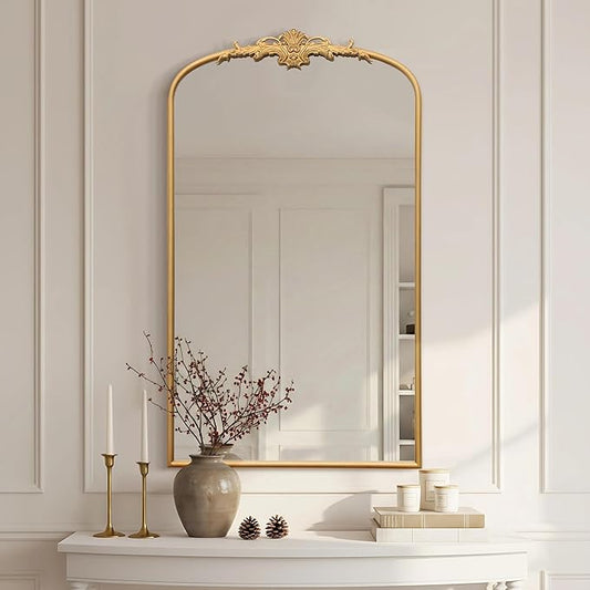 Besdomus Large Vintage Arched Mirror: 24"x42" French Arch Gleaming Gold Antique Wall Mounted Mirror - Traditional Ornate Home Decor for Entryway/Fireplace/Bathroom - Idea for Trendy Fashionistas