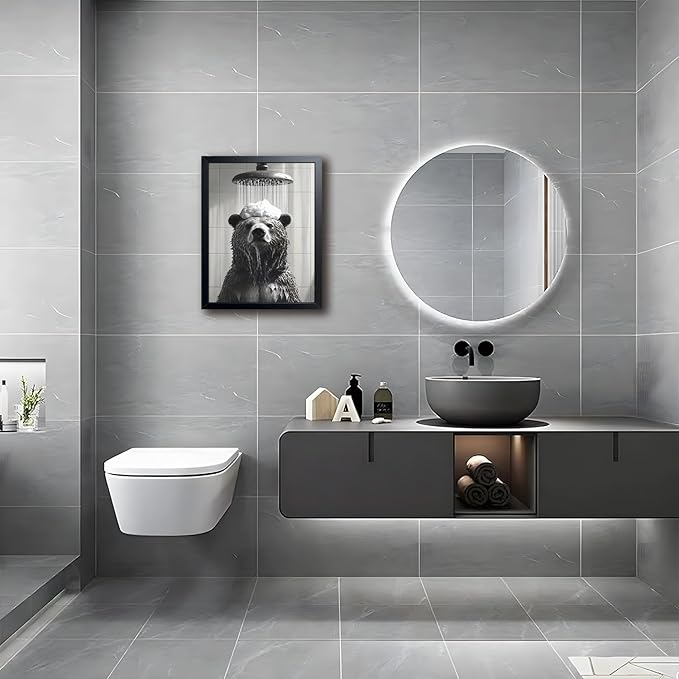 XYHYRA Funny Bear Bathroom Wall Art, Black and White Animal Shower Canvas Print Picture, Cute Bear Taking Bath Poster, Modern Farmhouse Bathroom Restroom Home Wall Decor 12x16 inch Wood Framed