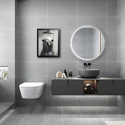 XYHYRA Funny Bear Bathroom Wall Art, Black and White Animal Shower Canvas Print Picture, Cute Bear Taking Bath Poster, Modern Farmhouse Bathroom Restroom Home Wall Decor 12x16 inch Wood Framed