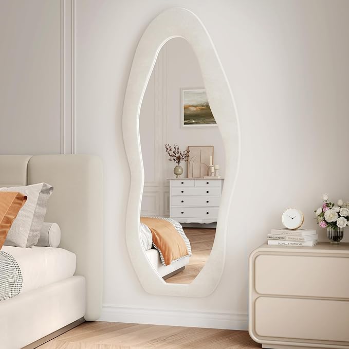 56"x24" Irregular Wavy Mirror, Flannel Full Length Mirror with Stand, Wall Mirror for Bedroom, Living Room, Cloakroom, Entryway, Beige