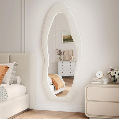56"x24" Irregular Wavy Mirror, Flannel Full Length Mirror with Stand, Wall Mirror for Bedroom, Living Room, Cloakroom, Entryway, Beige