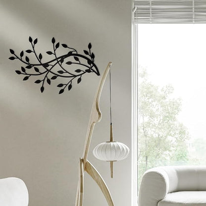 Meltset Metal Tree Leaf Wall Decor, Vine Olive Leaf Branch Wall Art, Black Metal Art, Wrought Iron Scroll Wall Decor, Decorative Wall Sculpture Above Bed, Living Room,Bathroom,Indoor Outdoor(L/Black)