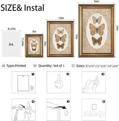 WZGZXU Vintage Gold Framed Wall Art Butterfly Pictures Wall Decor Moth Taxidermy Canvas Art Bathroom Shelf Paintings Print Antique Farmhouse Artwork For Living Room Bedroom