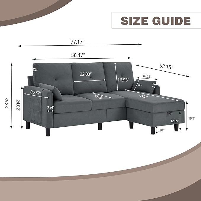 Convertible Sectional Sofa, 77" Small L Shaped 3 Seat Couch with Reversible Storage Chaise, Modern Polyester Fabric Sofa Couches for Living Room, Apartment and Small Space, Dark Grey