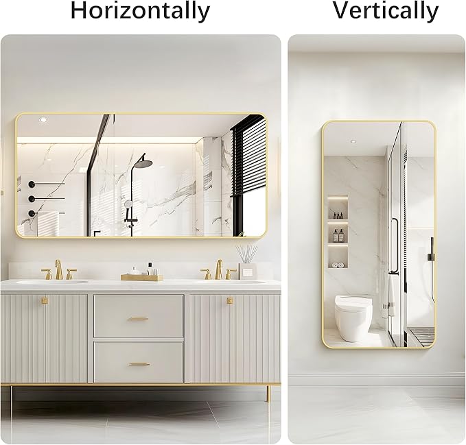 30"x60" Gold Bathroom Mirror, Large Rectangle Wall Mounted Mirror with Rounded Corner, Aluminum Metal Frame Vanity Mirror for Bathroom Bedroom Living Room