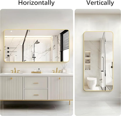 30"x60" Gold Bathroom Mirror, Large Rectangle Wall Mounted Mirror with Rounded Corner, Aluminum Metal Frame Vanity Mirror for Bathroom Bedroom Living Room