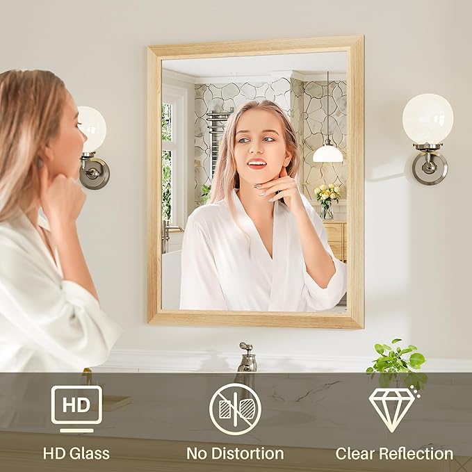 24x36 Inch Bathroom Mirror for Wall, Anti-Rust Oak Wood Grain Metal Framed Bathroom Mirrors for Over Sink,Rectangler Mirrors for Bathroom Vanity, Farmhouse, Bedroom, Living Room, Entryway Decor
