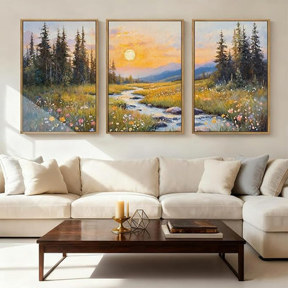 IARTTOP Large Mountain Wall Art Framed 16x24 Inch Abstract Forest Landscape Canvas Wall Decor Nature Scenery Wildflower botanical Artwork for Living room Bedroom Set of 3