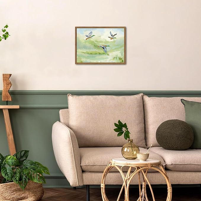 Vintage Mallard Duck Wall Art Cottagecore Flying Ducks Wall Decor Painting Rustic Bird Animal Landscape 3D Textured Hand Drawn Sandstone Artwork for Living Room Bedroom 12x16 inch Framed