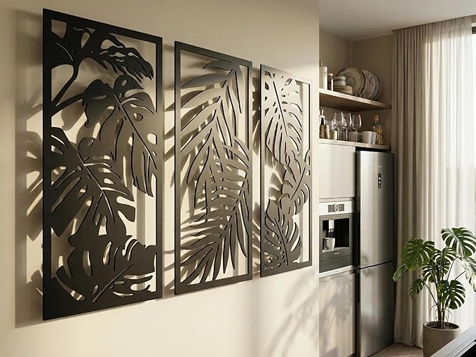 Vailla Wood Wall Art Decor Tropical leaves Wall Hanging Sculpture Modern Home Decoration 3 Wall Hangings Large Wooden Wall Arr 3D Textured Sculptures for Living Room Bedroom Office Dinnig Room