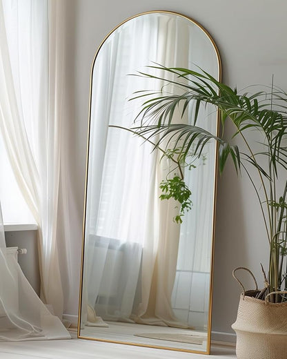 Full Length Mirror, 57"x19" Arched Floor Mirror Freestanding, Floor Standing Full Body Mirror with Stand for Bedroom, Hanging Mounted for Living Room Cloakroom, Gold