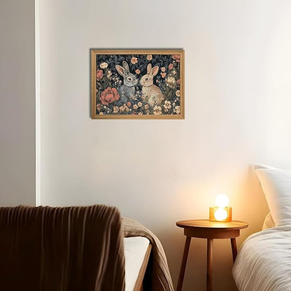 AKWISH Easter Framed 3D Textured Vintage Wall Art - Dark Academia Bunny Decor Hand Drawn Sandstone Paintings with Botanical Florals, Aesthetic Wall Decor for Living Room Bedroom Home 12x16 inch