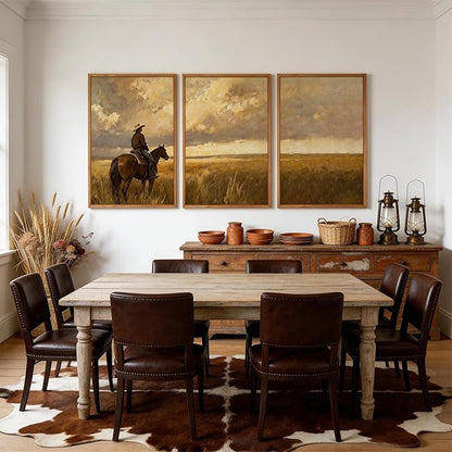 Aurlan Western Cowboy Framed Wall Art(24"x36"), 3PCS Vintage Neutral Southwestern Horse Riding Canvas Artwork, Mid Century Modern Ranch Gobi Desert Landscape Decor for Man Cave Bedroom