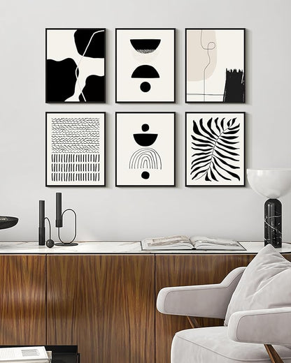 KUVIOKE Black Abstract Framed Wall Art Boho Room Decor Set of 6 Minimalist Geometric Line Art Bohemian Mid Century Modern Prints for Bedroom Living Room 11x14in (Black Framed)