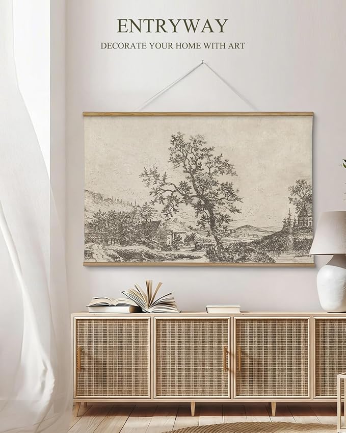 ARPEOTCY Extra Large Vintage Framed Wall Art, 36x54 Inch Sketch Houses Trees Landscape Hanging Canvas Prints, Scroll Wall Decor for Living Room Bedroom, Retro Scenery Pictures Above of Bed