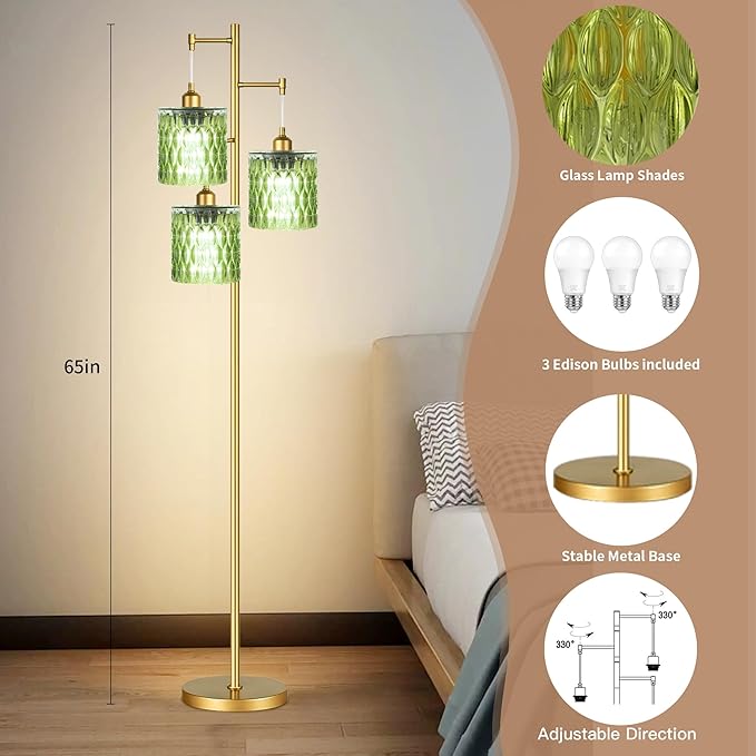 AHDWDW Gold Floor Lamp for Living Room Bedroom,3 Lights Vintage Tree Floor Lamps with Green Glass Shades,Mid Century Modern Floor Lamp for Corner Office,68IN Unique Tall Standing Lamp with Bulbs