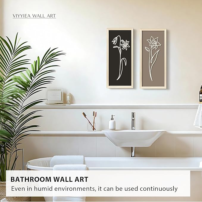 VIYYIEA Wooden 3d Floral Bathroom Wall Decor, Ready-to-Hang Framed Wall Art For Living Room, Bedroom and Office, Boho Botanical Farmhouse Decoration, Lightweight but Valuable Gift (7x16 In, set of 2)