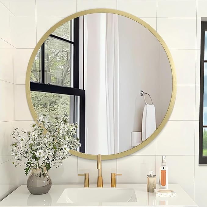 Gold Bathroom Mirrors for Wall Round Horn Circle Brushed Small Mirror Wall Mounted Mirrors Anti Rust Aluminum Ative Mirror for Entryway Hallway Entrance Housewarming