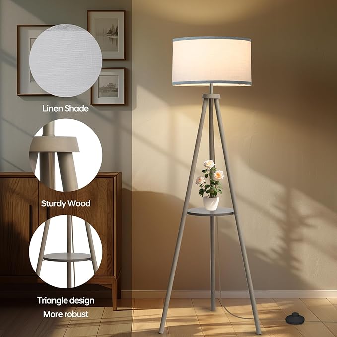EOEYYOYB Floor Lamps for Living Room, Modern Standing Lamp with Shelf, 3 Color Temperature Led Bulb Tall Lamps with Foot Switch for Bedroom and Office, Grey
