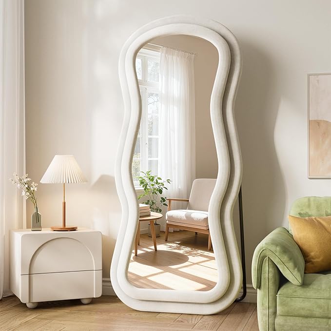 Wavy Full Length Mirror, 63"x24" Full Body Mirrors with Stand, Flannel Floor Mirrors for Bedroom, Living Room, Dressing Room, Hanging Leaning Wall Mirror