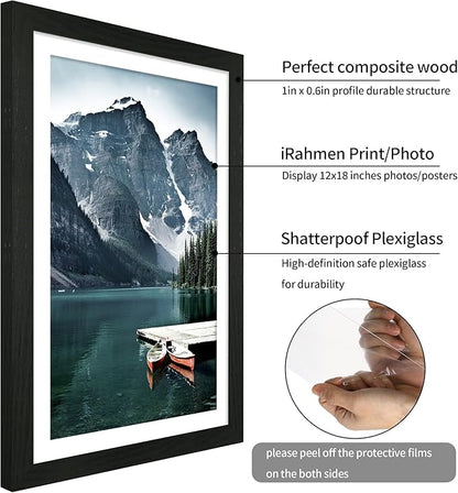 iRahmen 18x24 Picture Frame Set of 2 with Plexiglass, Black Poster Frame Display 16x20 Picture with Mat or 18 x 24 Without Mat, Wood Photo Frame for Gallery Wall Mounting Horizontal and Vertical