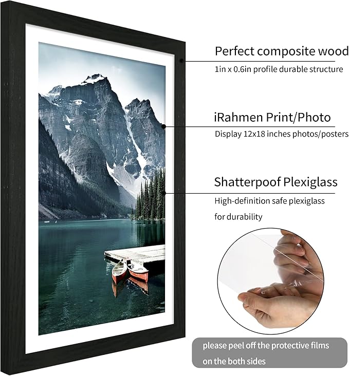 iRahmen 16x24 Picture Frame Set of 2 with Plexiglass, Black Wood Frame Display 12x18 Picture with Mat or 16 x 24 Without Mat, Poster Frame for Photo Wall Mounting Horizontal and Vertical