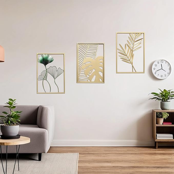 SwallowLiving Gold Wall Decor, 3 Pieces Metal Wall Art for Living Rooom, Luxurious Modern Sculptures Home Decor, Hanging Pictures for Bedroom, Office, NOT PRINTED Canvas Art (12" x 17", Set of 3)
