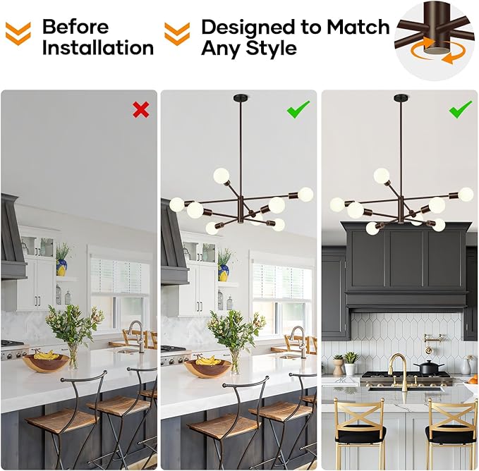 10.9"-52.3" Height Adjustable Modern Chandelier Ceiling Light Fixture, 8-Light Sputnik Chandeliers Brown and Gold Mid Century Chandelier Over Table, Chandeliers for Dining Room (Bulbs Not Included)