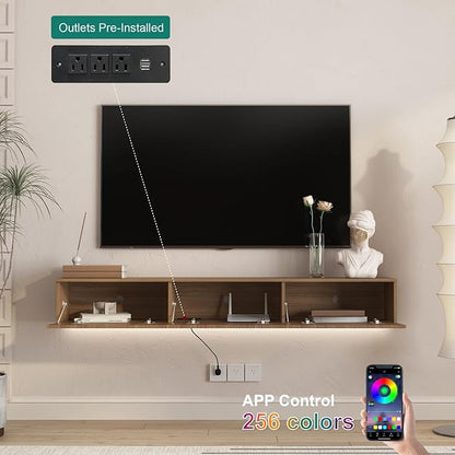 KEIKI 65" Floating TV Stand Wall Mounted with 16 Color LEDs & Power Outlets for TVs Up to 70 Inch, Wooden Media Console Entertainment Center Television Table Cabinet for Living Room, Bedroom