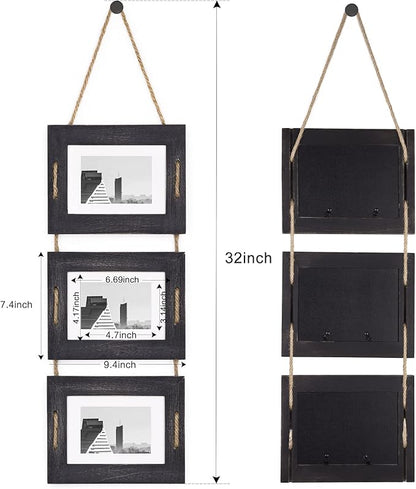 DLQuarts 5x7 Hanging Picture Frames Collage Wall Decor, 3-Opening Photo Frames Set, 3.5x5 with Mat or 5x7 Without Mat, Rustic Solid Wood Photo Frame Pack of 2, Weathered Black