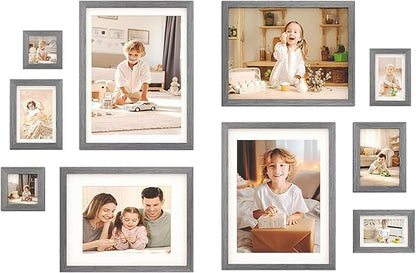 Egofine Picture Frame Set 10 Pack, Collage Wall & Tabletop Decor with Two Sizes - 12x16, 11x14, 5x7, 4x6, 4x4; Solid Wood, Plexiglass Cover, Oak Grey