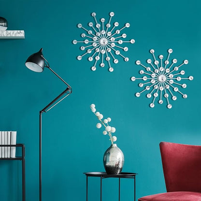 Barydat 6 Pcs Metal Starburst Wall Decor Bling Crystal Wall Art Rhinestone Sunburst Home Decoration No Punch Starburst Hanging Diamond Accents for Living Room Bedroom(25cm,Silver)