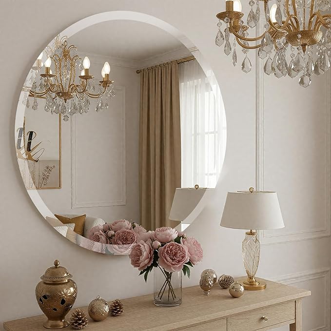 30 Inch Round Frameless Bathroom Mirror, Beveled Round Mirror, Circle Vanity Mirror with 1" Beveled Edge for Bathroom, Entryways, Living Room