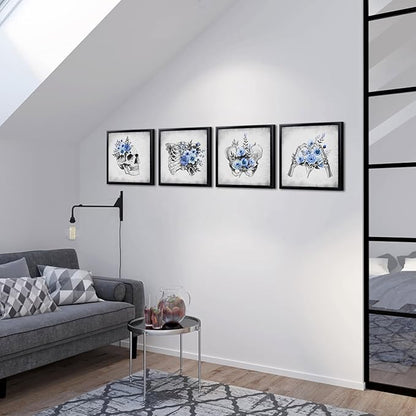 KREATIVE ARTS 4-Piece Gothic Skull Canvas Wall Art Set with Black Frame, 12x12 Each, Grey and Blue Floral Skeleton Anatomy Prints Framed Artwork Ready to Hang