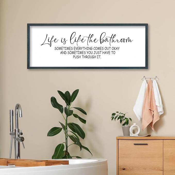 FZMHASLWW Funny Bathroom Wall Decor 32"x12" Life Is Like The Bathroom Sign Humor Quote Motivational Push Through It for Toilet Restroom Hanging Art (Black)