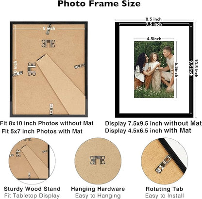 JCJMY 8x10 Picture Frame with 5x7 Mat Set of 6, Display Photo 5x7 with Mat or 8x10 without Mat, 8 by 10 Wall Poster Photo Frame with Shatter Resistant Plexiglass for Wall or Tabletop, 6 Pack, Black