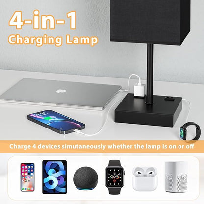 PLUS Black Bedside Lamp for Nightstand - Touch Table Lamp With Type C + A and AC Outlet, Square Charging Lamps For Bedroom Decor, Small Night Light For Office, Dorm Lamp For Men, E26 Bulb Included