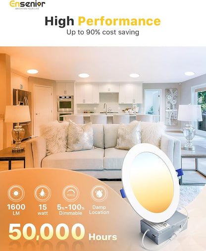 Ensenior 6 Pack 7 Inch LED Recessed Ceiling Light, Dimmable, 2700K-5000K 5CCT, 1600LM 15W 120V, High Brightness Canless Wafer Downlight